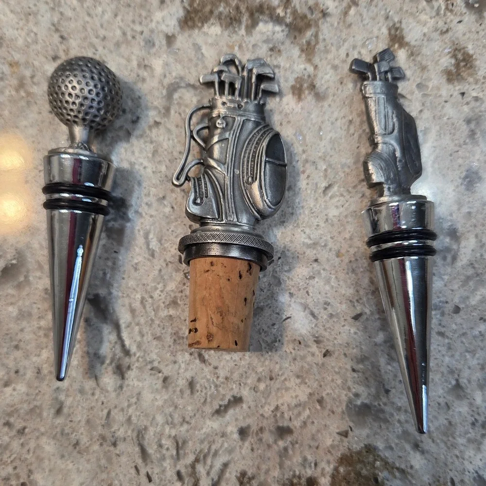 Vintage Golf Wine Bottle Stoppers Set 3 Pewter Tone Golf Ball Bag Sports Decor